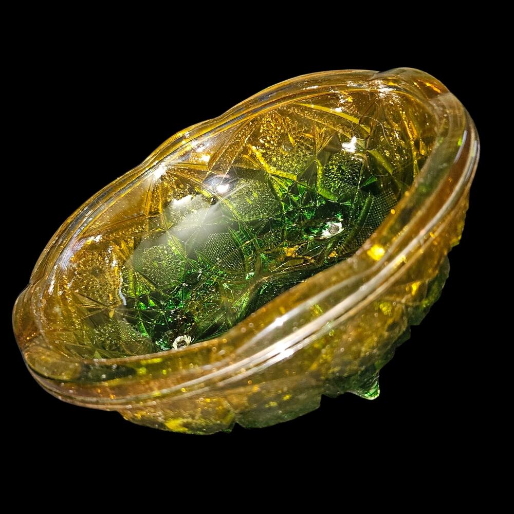 Vintage Amber Green Glass Footed Bowl Geometric Starburst Pattern